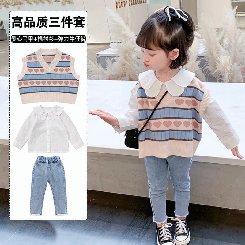 针织条纹马甲女童套装秋季新款韩国风宝宝娃娃领衬衫中小童三件套