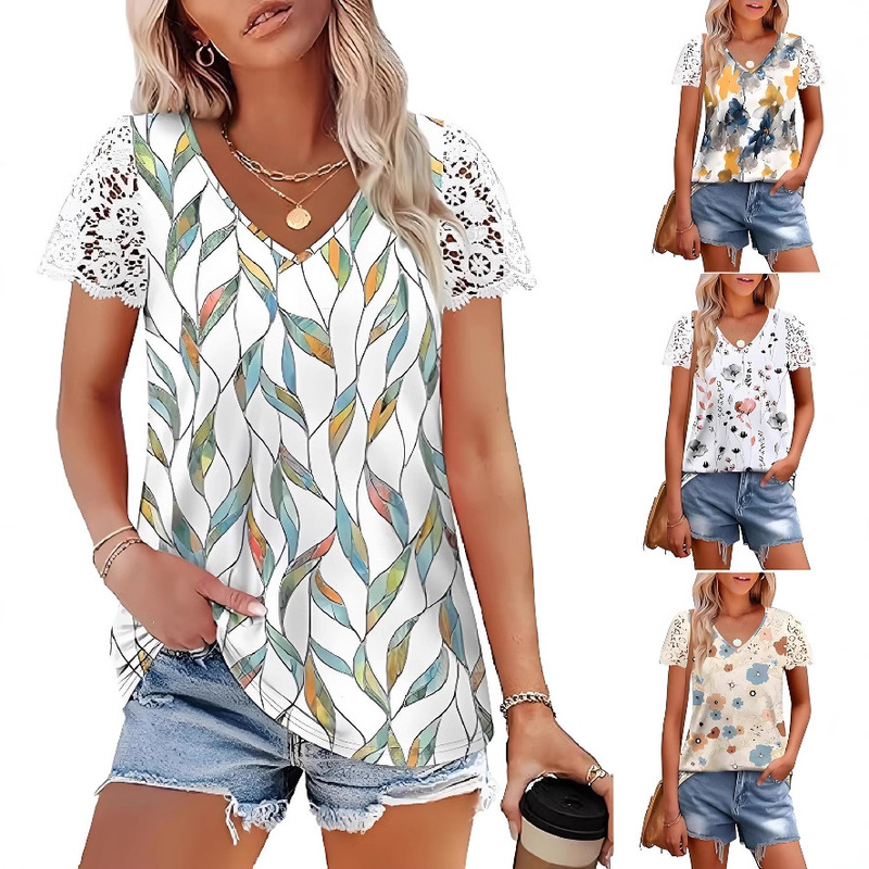 2026 Spring/Summer Amazon Cross-Border Foreign Trade European and American Style Pullover Printed V-Neck Lace Trim T-Shirt with Lace Edge