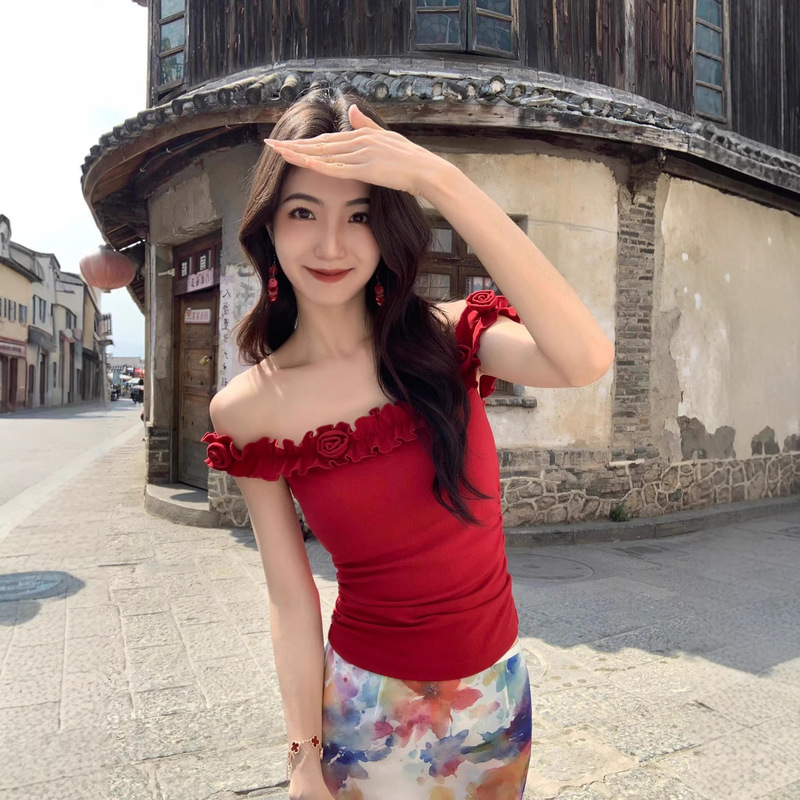 Sexy Hot Girl Red One-Shoulder Sleeveless Knitted T-Shirt for Women Summer Fashion Retro Slim Fit Off-Shoulder Top