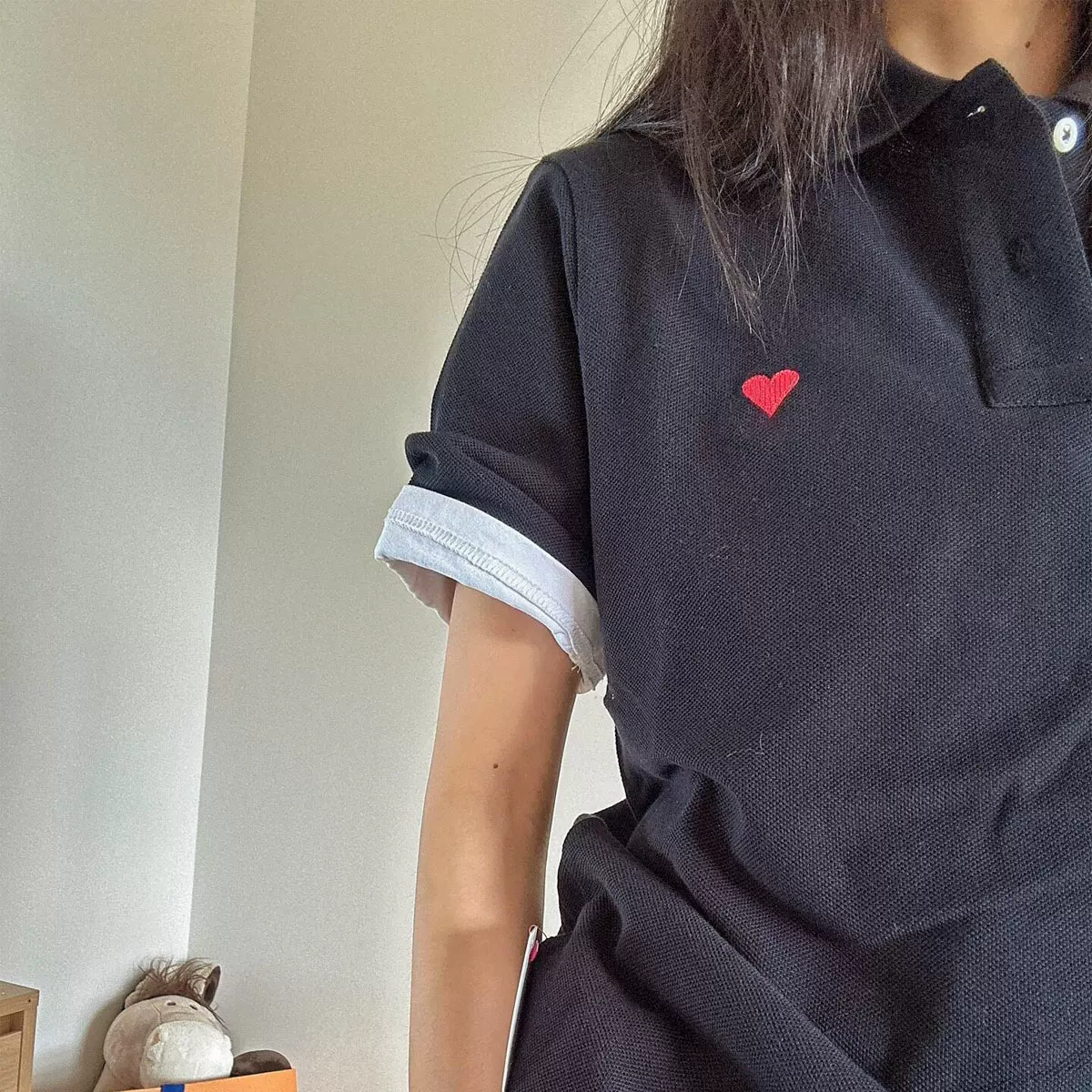 刺绣小红心mi男女同款polo衫马卡龙色夏季潮牌五分袖情侣短袖T恤