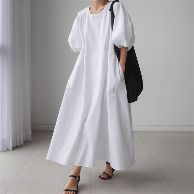 New over-the-knee long dress women's Korean-style loose plus size fresh doll skirt lantern sleeve cotton and linen dress