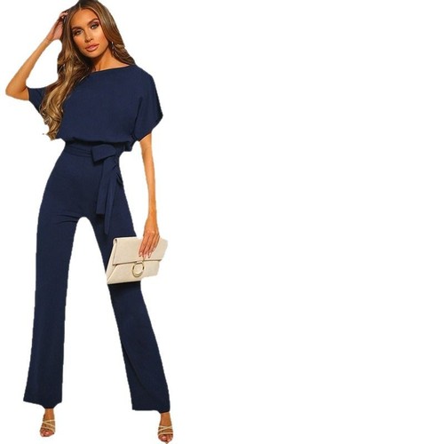 Women's European and American Fashion 2020 Amazon eBay Elegant Commute Summer Button Belt Short Sleeve Unisex Straight Leg Bodysuit