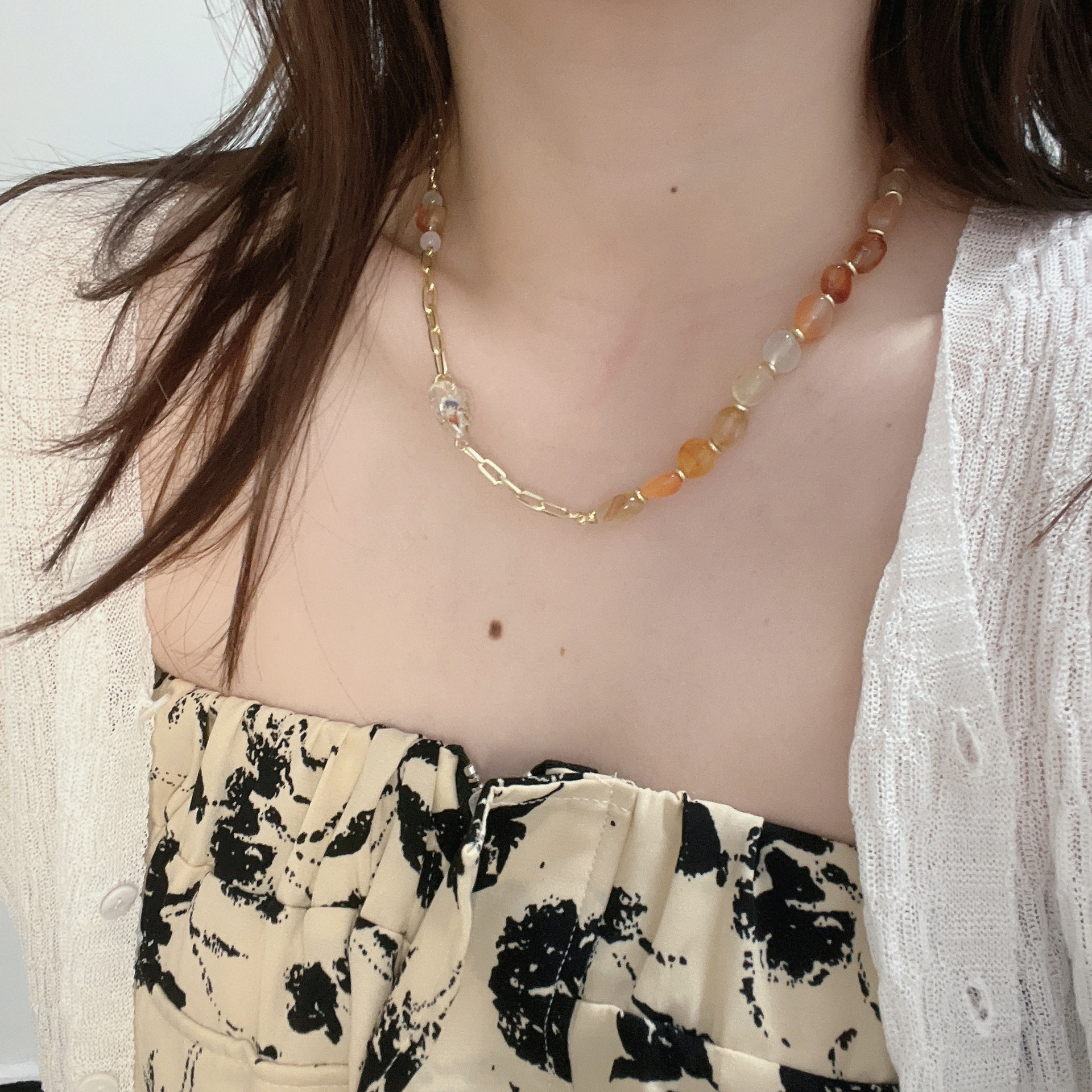 Fashion Geometric Alloy Glass Patchwork Necklace