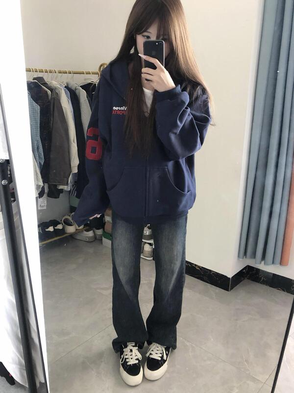 美式复古刺绣连帽开衫卫衣2025男女高街宽松休闲运动帽衫秋冬外套|undefined