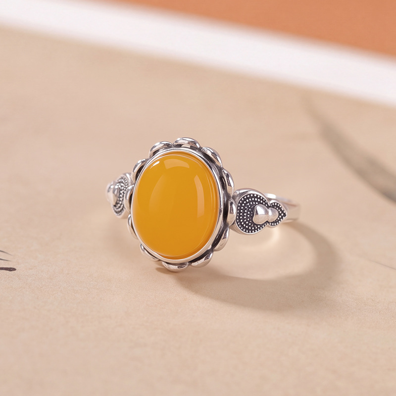 Nhẫn bạc S925 hình hồ lô hoa sen mặt oval phong cách vintage — Một mảnh