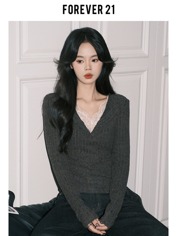 Forever21气质灰色蕾丝假两件V领针织小衫女纯欲修身长袖打底上衣|undefined