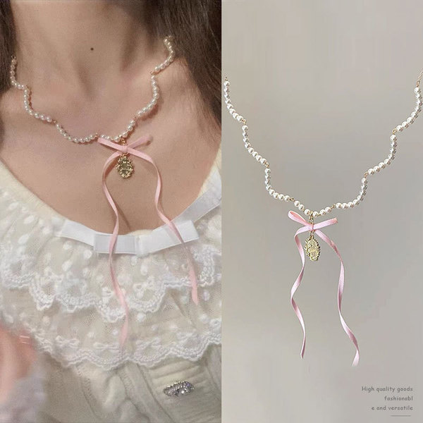 Japanese cute necklace with bow from pearl