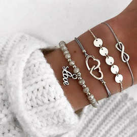 欧美套装饰品爱心8字圆片手镯 手工串珠love字母四件套手链批发