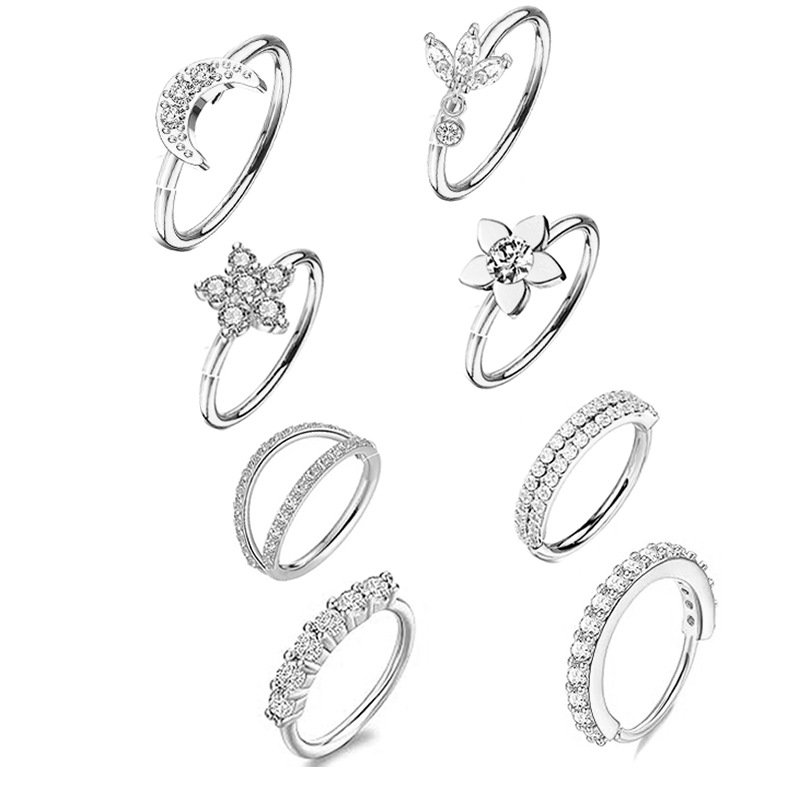 Fashionable New 8-Piece Set of Stainless Steel Piercing Jewelry with Copper Inlaid Zircon Flower and Moon Nose Rings and Earrings, in Stock from the Manufacturer