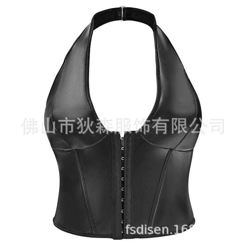 Nuevo estilo top moldeador de cuerpo color sólido corsé de hueso de pescado moda mujer sexy gancho de cuello de piel de pu y chaleco con hebilla