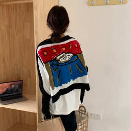 韩国chic时尚涂鸦提花披肩两穿套袖毛衣软糯马甲上衣女