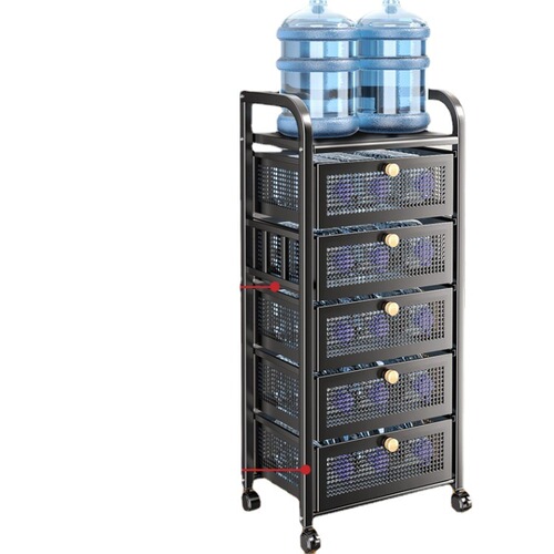 Kitchen multi-layer freestanding vegetable and fruit storage rack with integrated storage cabinet, movable drawer-style basket