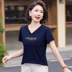 Vネック半袖Tシャツレディース2025新作夏スリムフィット半袖Tシャツ洋風ママ万能トップス