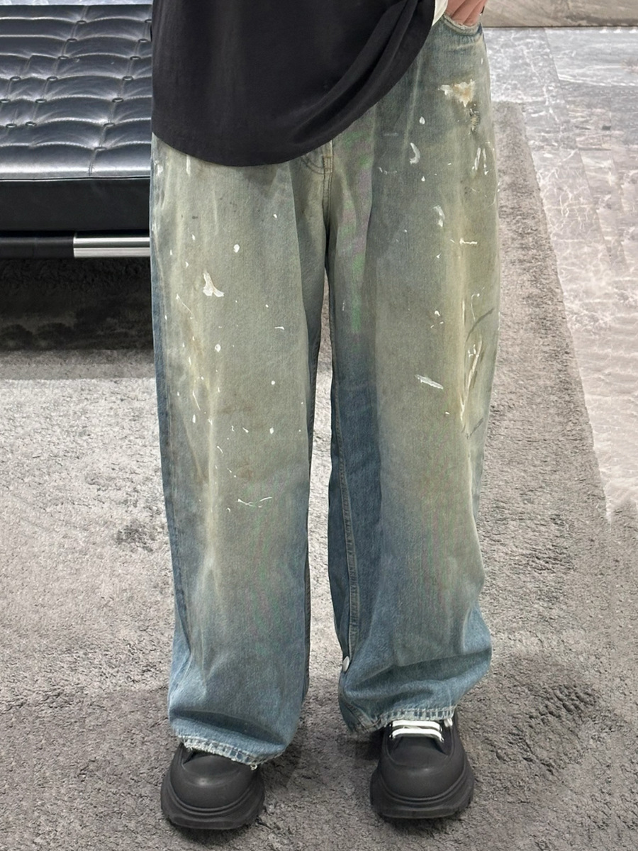 クロスボーダーのトレンディなAC手描きのスプラッシュインクのほつれ加工のウォッシュ加工のダメージ加工のパンツ、男性と女性用、ゆったりと多用途、軽くて豪華なワイドレッグジーンズ