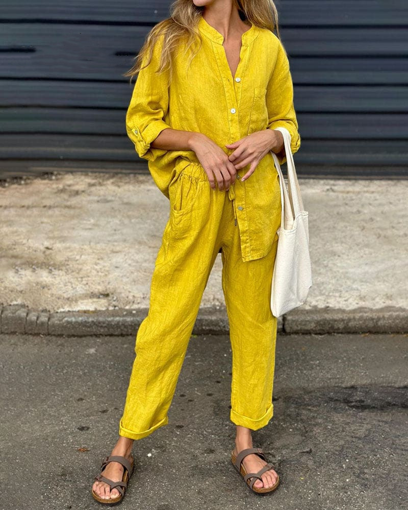 Women's Clothing 2024 Summer New Women's 2 piece Set Large Size Cotton and Linen Shirt Set High Waist Loose Trousers_voghion.com