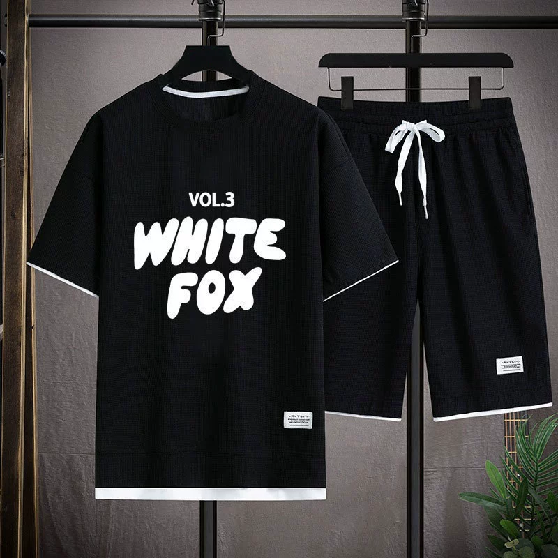 Вафугская футболка с короткими рукавами для мужчин повседневный спортивный набор оптом летом свободная фальшивая две футболки с половиной рукава набор из двух частей