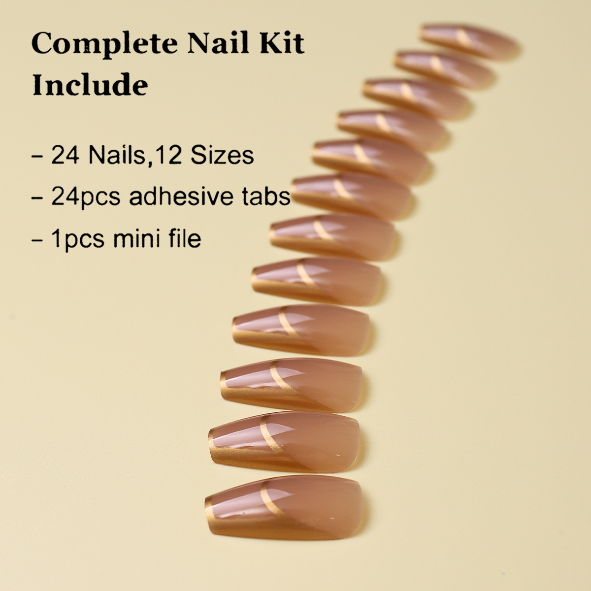 Uña falsa europea y americana ultra larga ataúd de ballet parche de uñas desnudas líneas doradas desmontables