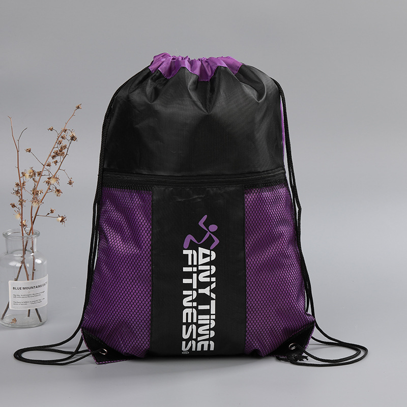 Gran capacidad de malla cremallera poliéster cordón impermeable deportes nylon cordón mochila publicidad impresión de la insignia