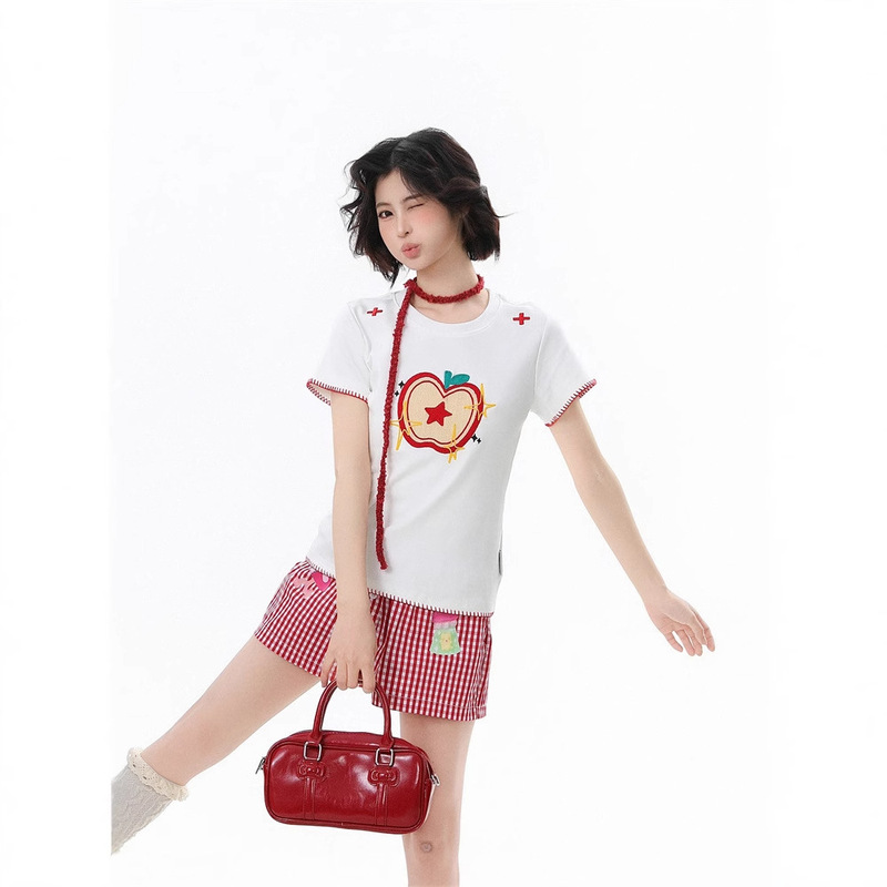 アップル刺繍トップステッチデザイン右肩半袖Tシャツレディース夏新作スリムフィット万能スイートトップ|undefined