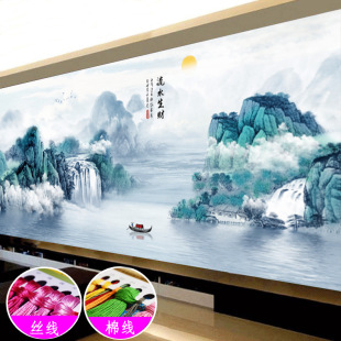 Mona Lisa New Printed Cross-stitch Full-embroidered Living Room Scenery Fuchun Mountain Living Picture Flowing Water to Make Money Jiangnan Scenery
