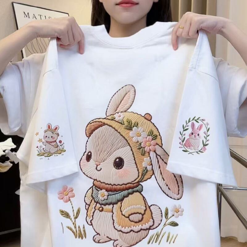 Pure Cotton Back-Necked Loose Cartoon Rabbit Print Short-Sleeved T-Shirt for Women, New Summer Style Japanese Cute Top