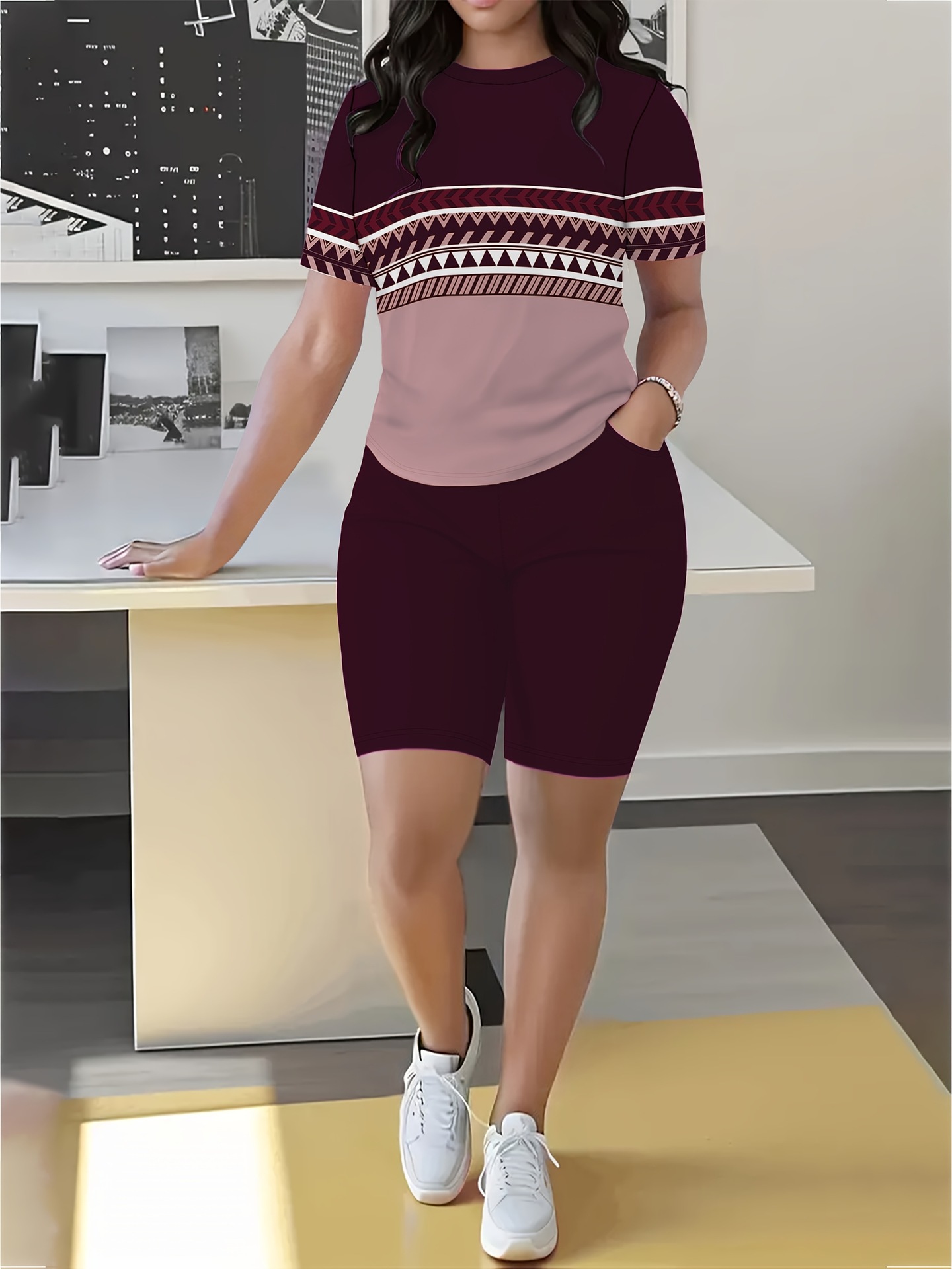 Women's Geometric Print Short Sleeve T-Shirt And Shorts Set - Comfortable Casual Summer Outfit ​​Versatile Two-Piece Coordination_ecoleips.com
