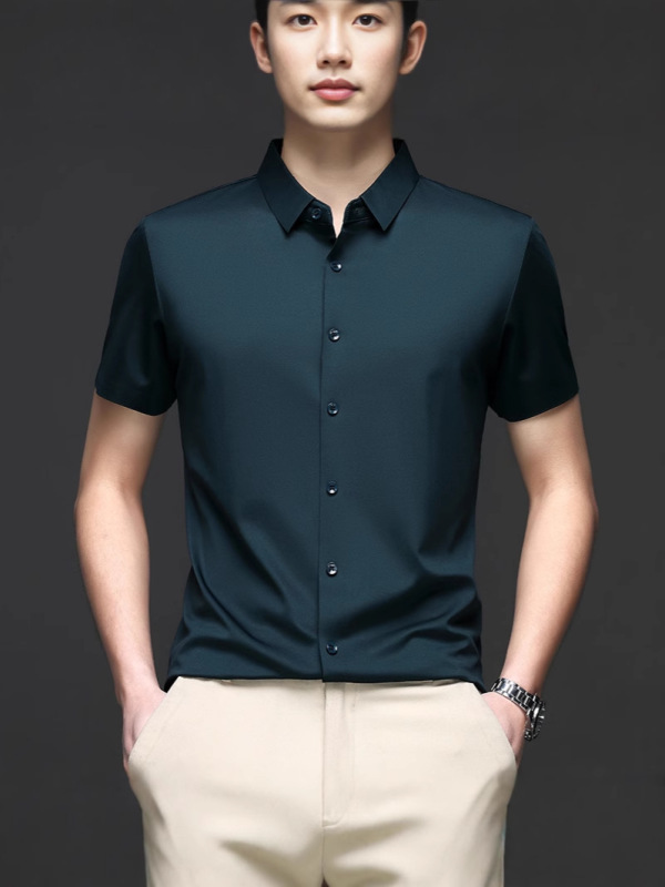 夏の新無地シームレス半袖シャツ弾性シルキー若者紳士服薄型スリム半袖シャツ男性用|undefined