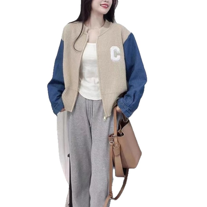 韩系拼接针织开衫毛衣女2025秋冬季设计感撞色长袖上衣牛仔袖外套|undefined