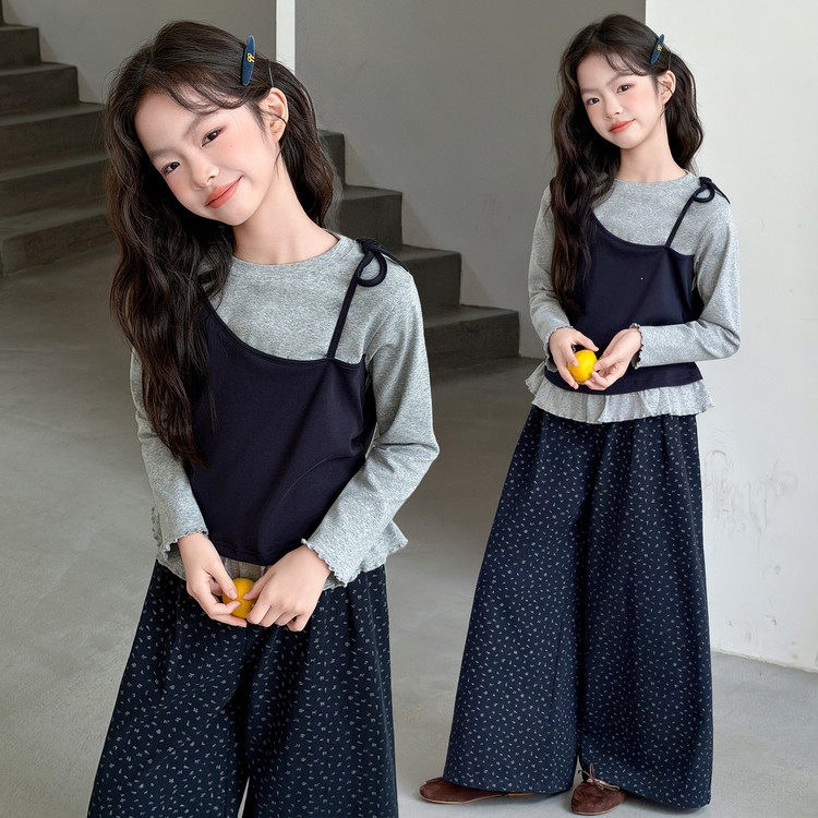2026 New Style Girls' Spring and Autumn Set: Stylish Korean Style Two-Piece Set with Floral Print and Wide-Leg Pants