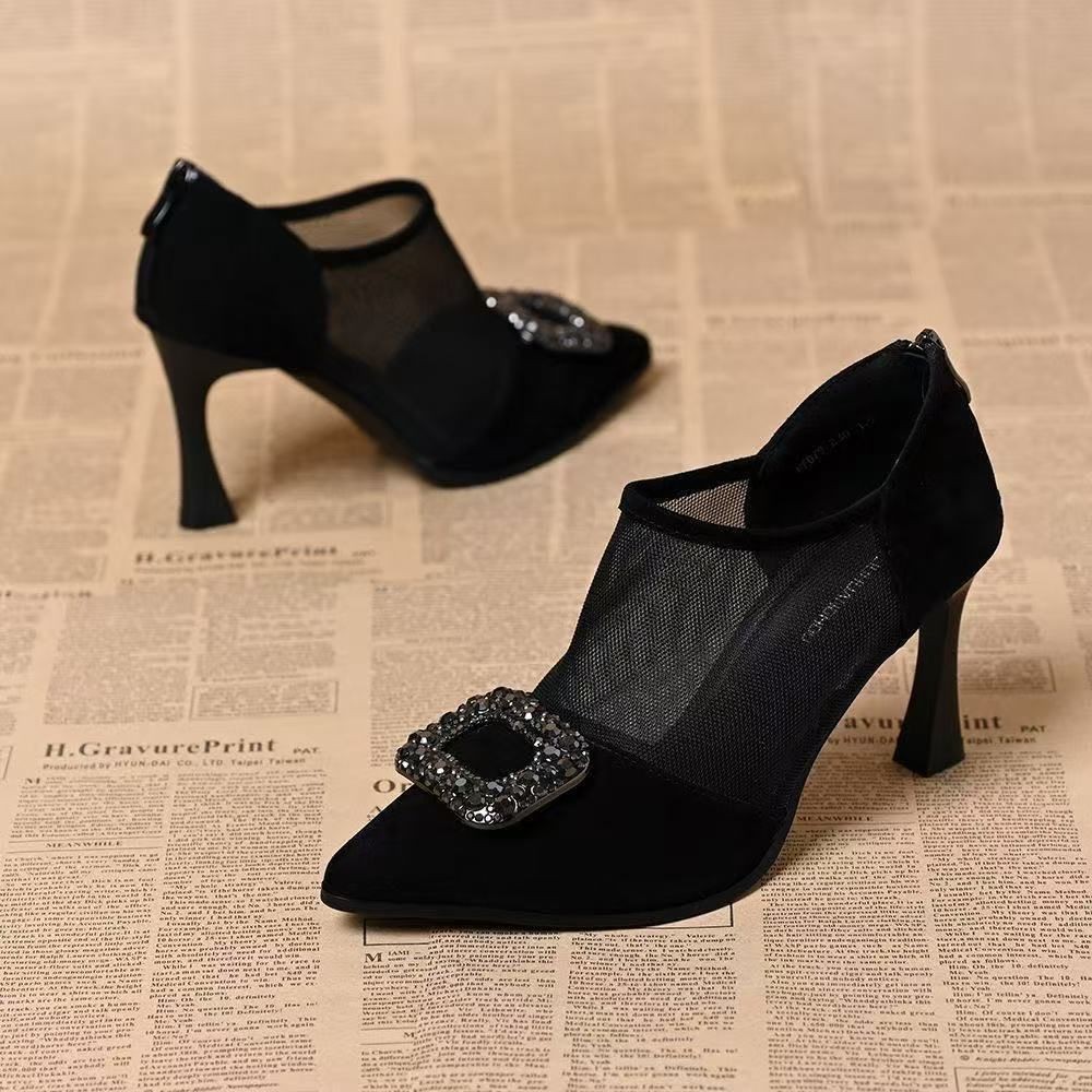 2026 nuevo verano hueco de tacones altos zapatos de mujer puntuación temperamento no se cansa pie de malla de malla de talón fino zapatos de hebilla cuadrada