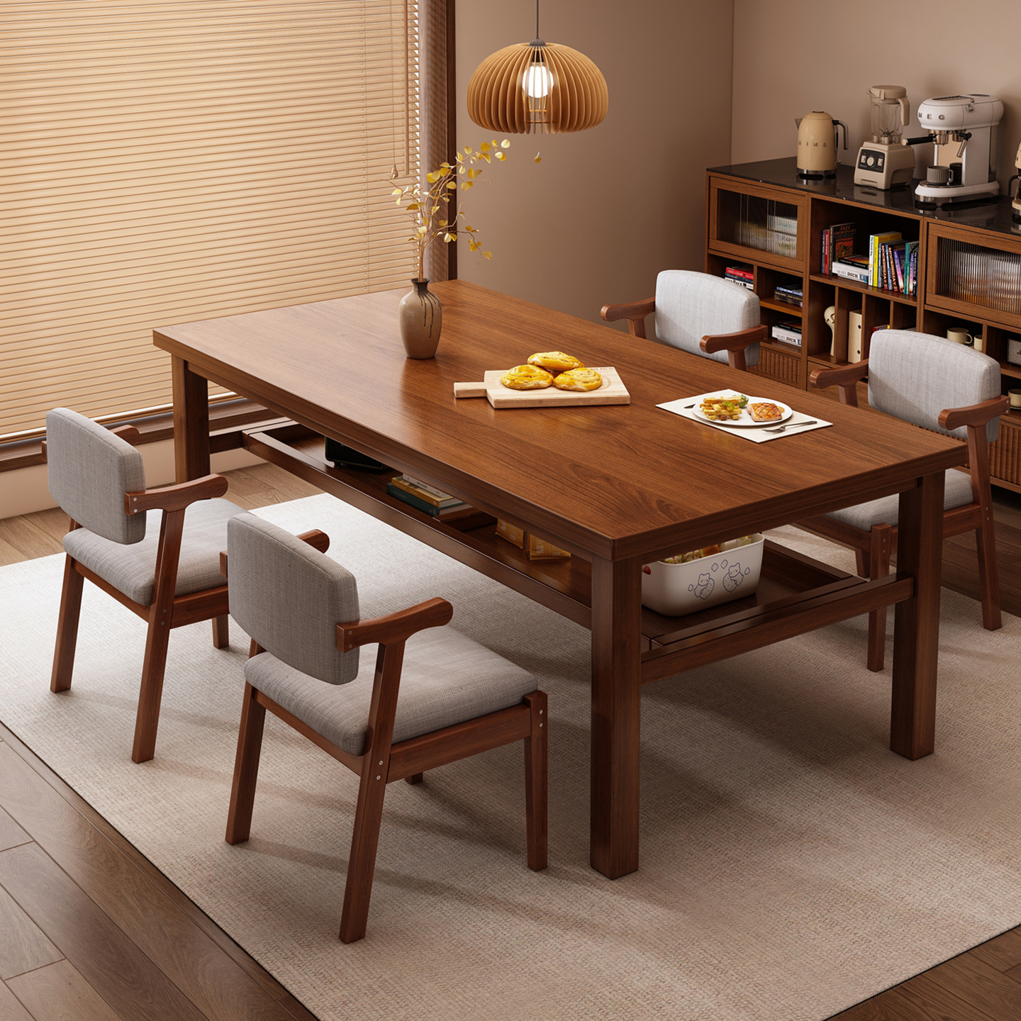 Solid Wood Dining Table Household Rectangular Dining Table Storage Large Table Dining Table One Table Four Chairs Dining Table and Chair Combination