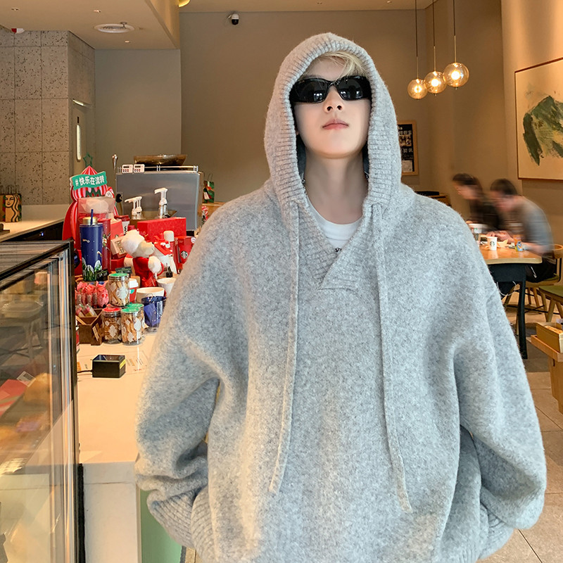 Pesado otoño y invierno gorra para hombres y mujeres retro americano jersey suave glutinoso relajado suéter con capuchina gruesa casual