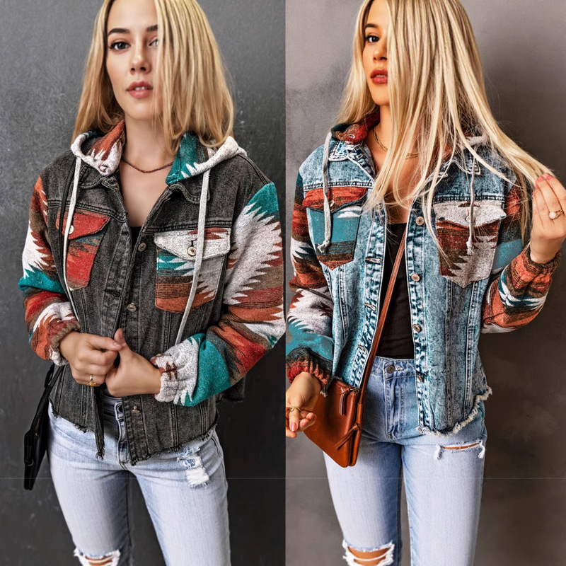 European and American Autumn and Winter New Cross-Border Retro Jacket Hooded Pocket Denim Stitching Contrasting Denim Style Jacket for Women
