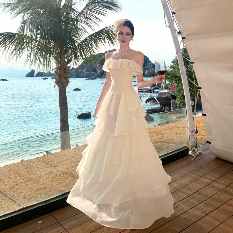French-Style Vintage Strapless Dress, Fairy-Like Waist-Cinching Slimming Evening Gown, Tiered Dress, Vacation-Style Long Dress, Color Image