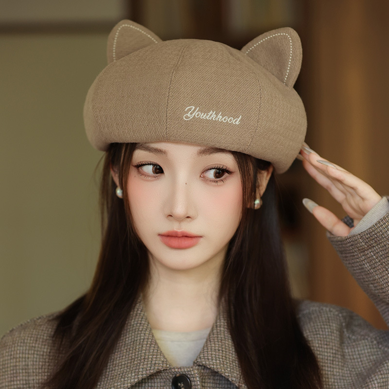 韩系复古可爱猫耳朵贝雷帽春秋新款休闲百搭画家帽防风保暖帽子女|undefined