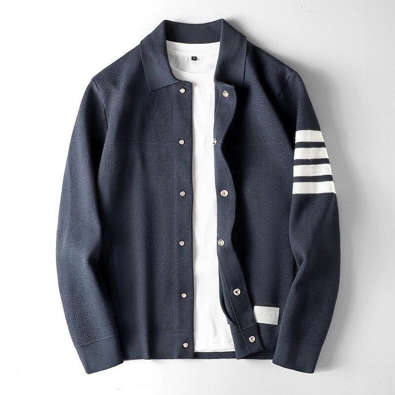 Spring and Autumn High-End Textured Four-Stripe Cardigan Sweater Jacket Men's Lapel Slim Outer Knitwear Trendy Top Spring and Autumn High-End Textured Four-Stripe Cardigan Sweater Jacket Men's Lapel Slim Outer Knitwear Trendy Top