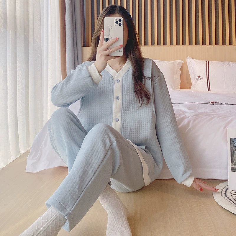 Многослойная хлопковая одежда с v-образным вырезом, простая и компактная послеродовая одежда, зимняя трехслойная теплая пижама для беременных и кормящих мам