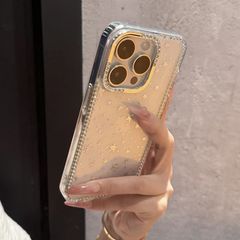 インスタ映えする高級感のあるシルバー箔 iPhone17promax用スマホケース キラキラ輝くダイヤモンド Apple15/14対応 女性向け 透明 星柄