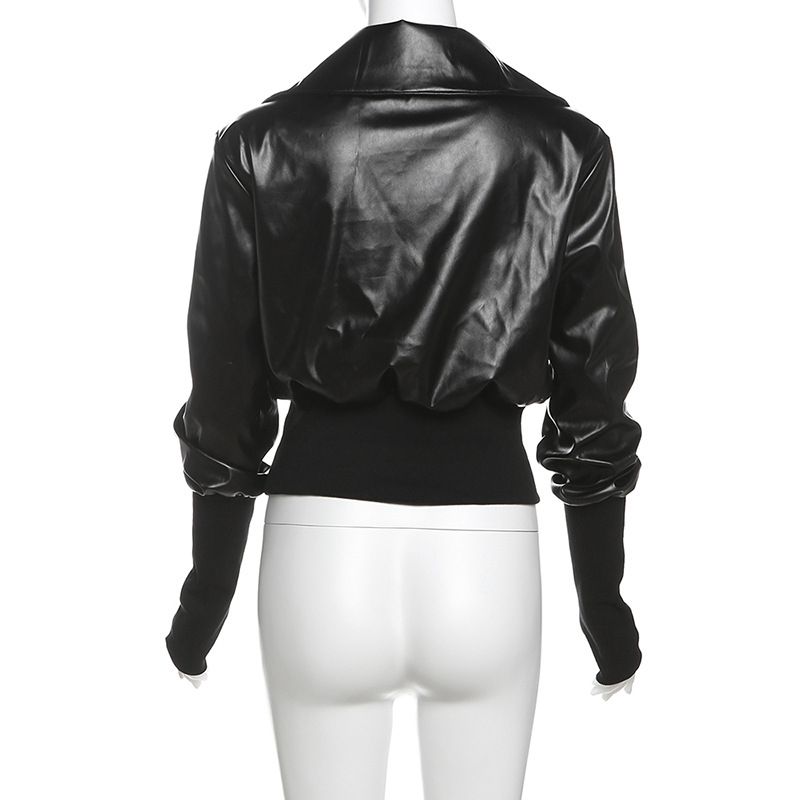 Winter Sexy Slim Short Patchwork Sweatshirt Solid Color Faux Leather Zipper Top