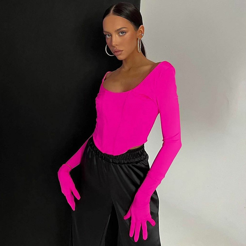 Mode Couleur Unie Spandex Polyester Col En U Manche Longue Manches Régulières Dos Nu T-shirt display picture 4