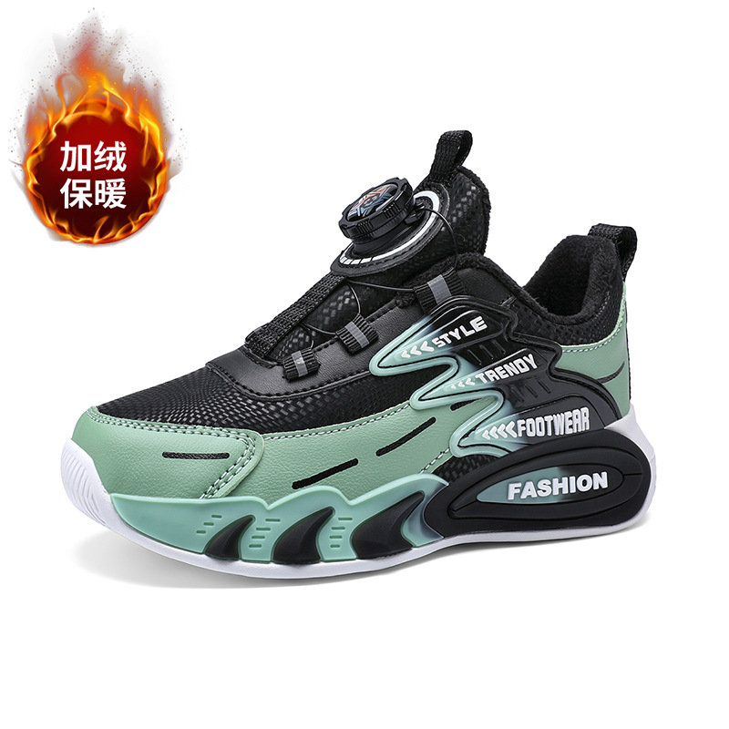 Zapatos para niños, primavera y otoño 2025, nuevos tipos de calentamiento de terciopelo, botón giratorio de cuero impermeable y antideslizante zapatos para correr