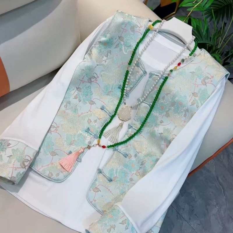 Li 2502X Новый китайский стиль Ретро-кнопка Национальный стиль Жаккардовый модный жилет Элегантный топ с длинными рукавами Базовый слой Популярный стиль.