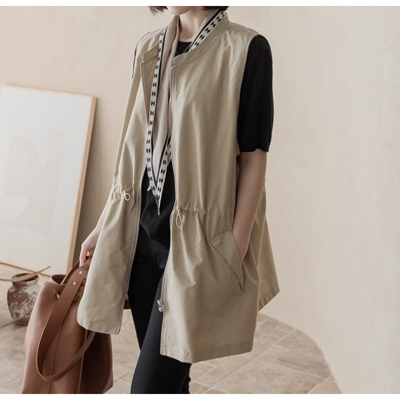 In-Stock Spring and Summer New Korean Style Casual Drawstring Simple Artistic Mid-Length Vest Jacket Women's Layered Top