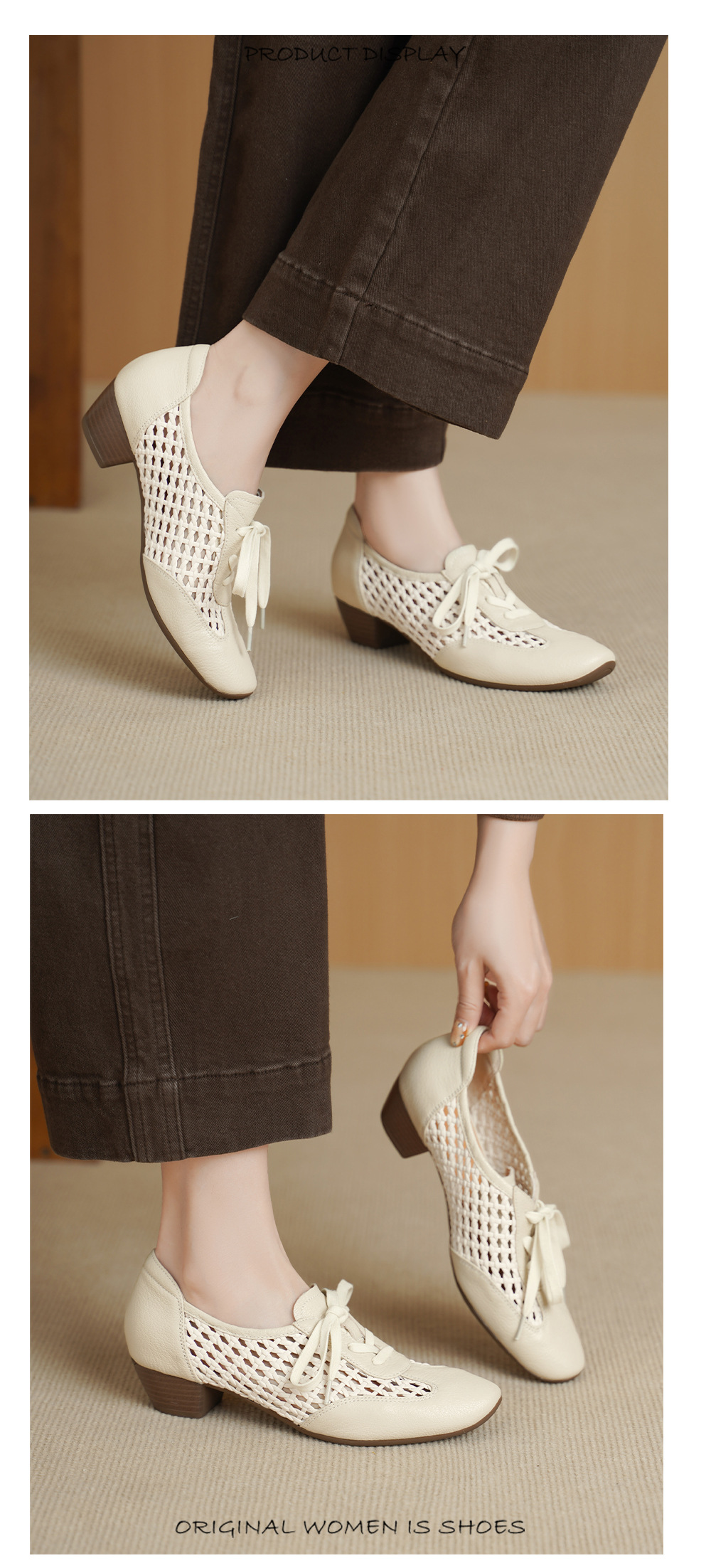 Giày sneaker nữ da cừu lỗ rỗng phong cách DeTrain đế mềm — Vàng nâu chi tiết 8