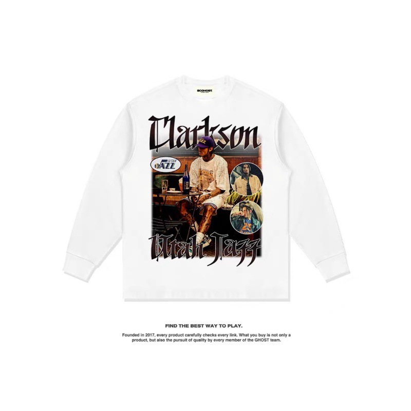 Clarkson American Star camiseta callejera hip-hop marca de tendencia impresión retro hacer viejo lavado pesado cuello redondo manga larga
