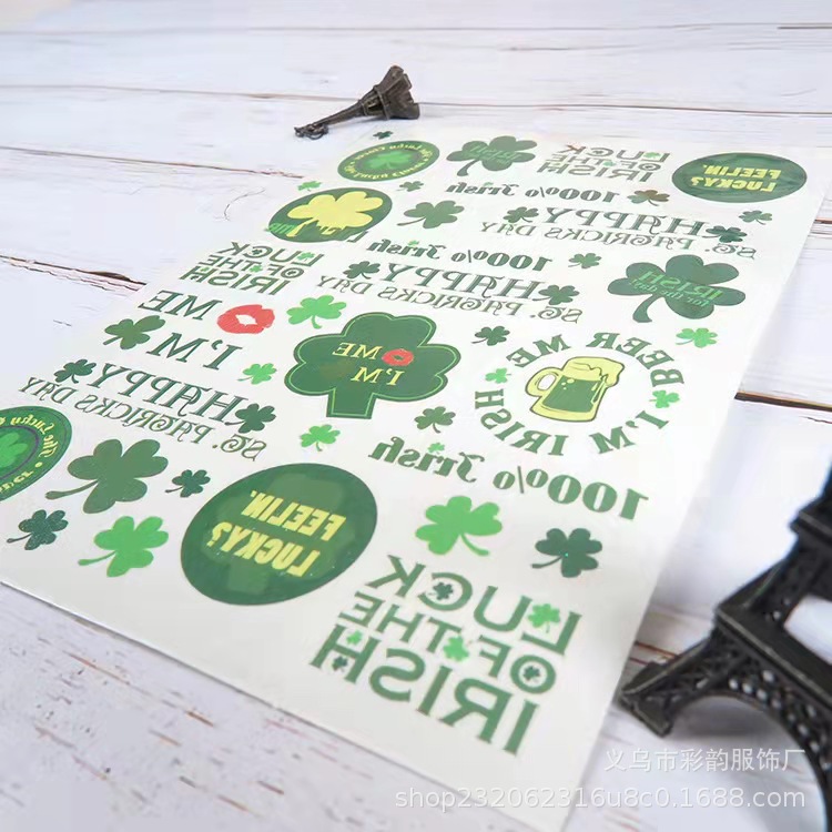Verde irlandés pegatinas de tatuaje de trébol día de San Patricio cuatro hojas fiesta pegatinas de tatuaje impermeables