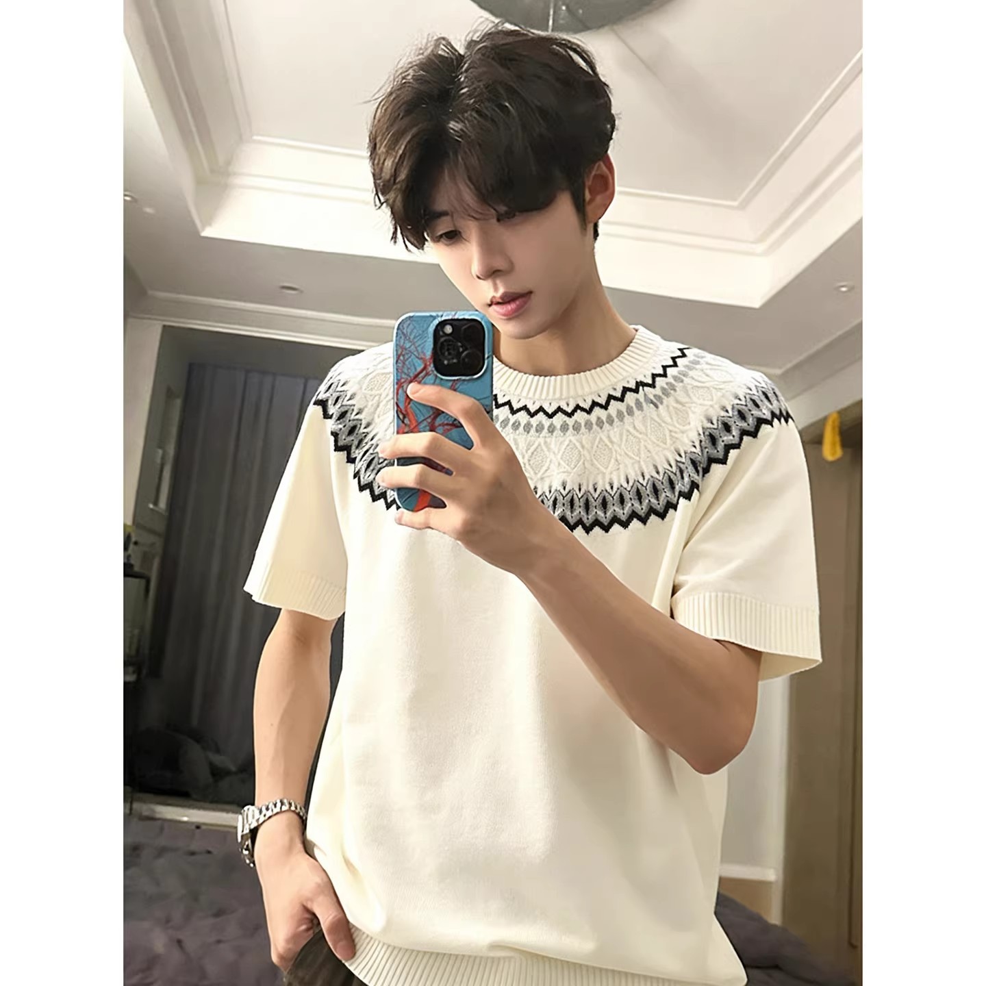 Isla de Fair camiseta de punto de manga corta camiseta de cuello redondo jacquard hombre viejo estilo casual hielo de verano fábrica transfronteriza mayorista