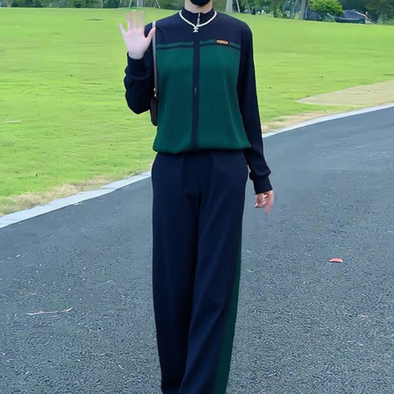 休闲运动套装女2025春秋新款拼色宽松阔腿裤两件套显瘦减龄一整套|undefined