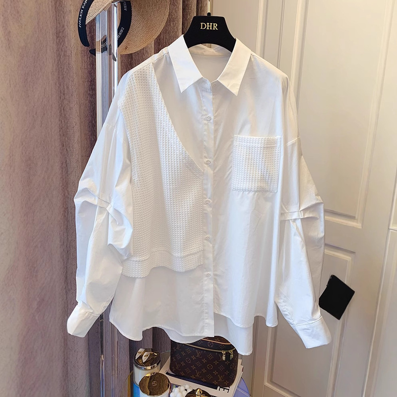 Retro Patchwork Waffle Fake Two-Piece Shirt for Women 2026 Autumn and Winter Hong Kong Style Design Loose Casual Long-Sleeved Shirt