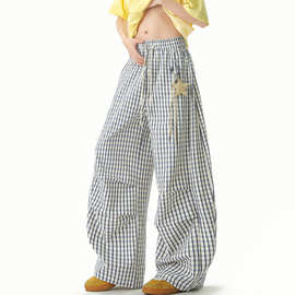 星星挂饰格子弯刀休闲裤女男夏季新款潮牌宽松垂感慵懒风拖地裤子